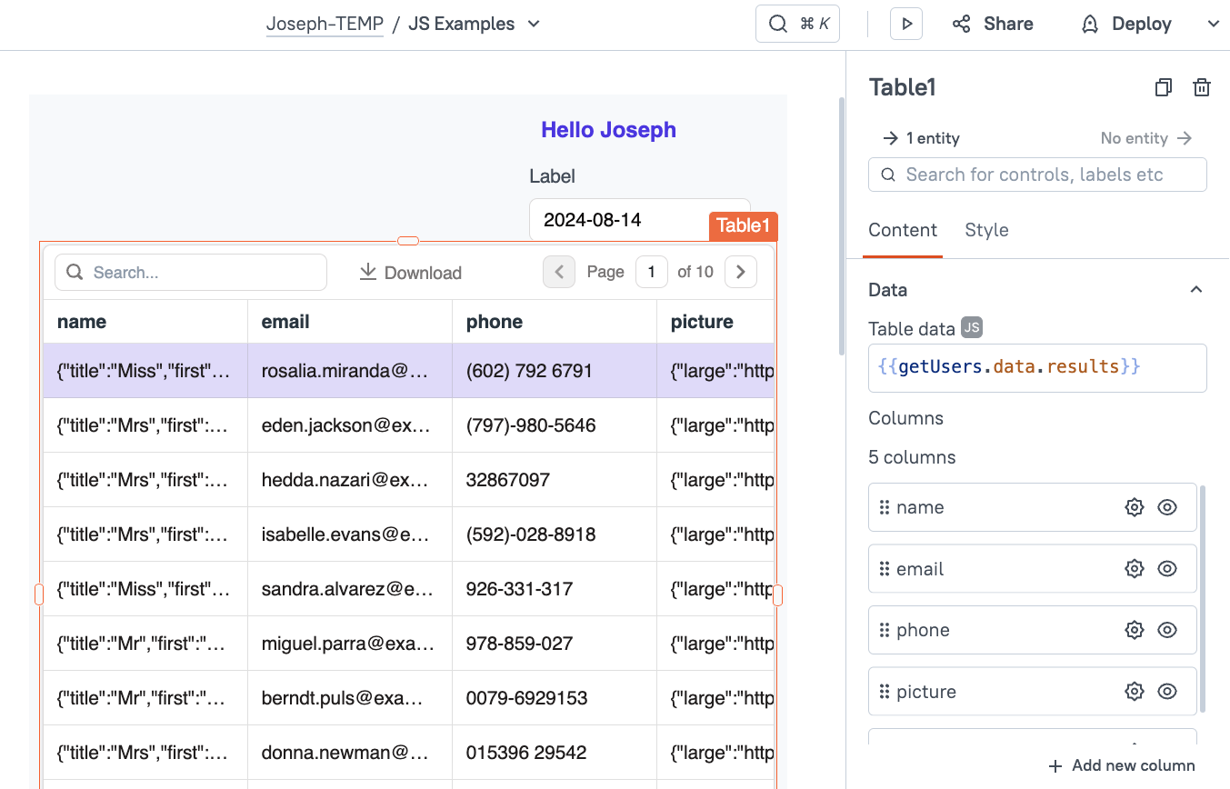 API in table