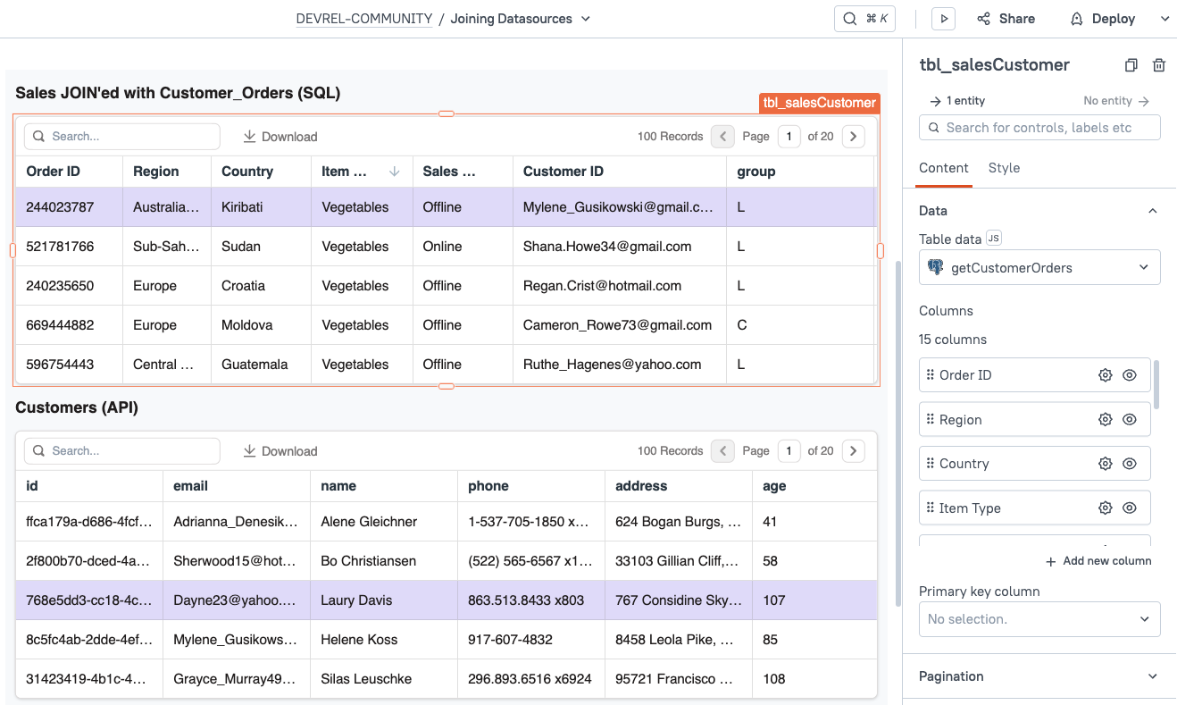 SQL and API, separate tables