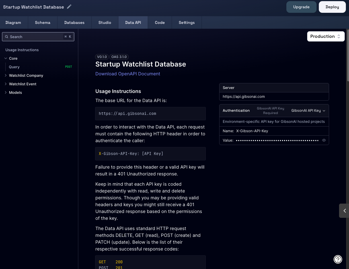 GibsonAI provides an auto-generated Data API section