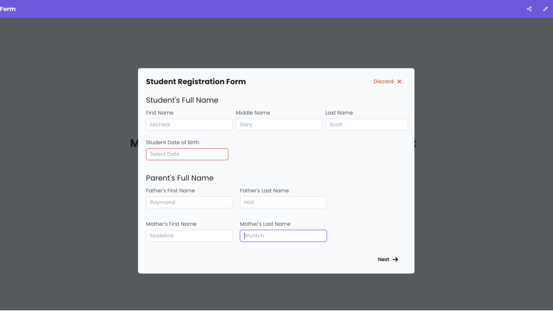Multi Step Form - to Register a College Student