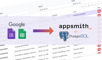 Company Event Tracker: Migrating From Google Forms + Sheets, to Appsmith + Postgres cover image