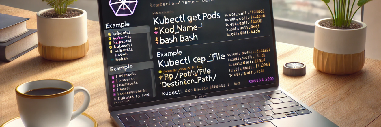 DALL·E 2025-03-06 16.34.52 - A modern laptop screen displaying Kubernetes (K8s) commands in a terminal. The screen shows example commands like 'kubectl get pods', 'kubectl exec -i.png