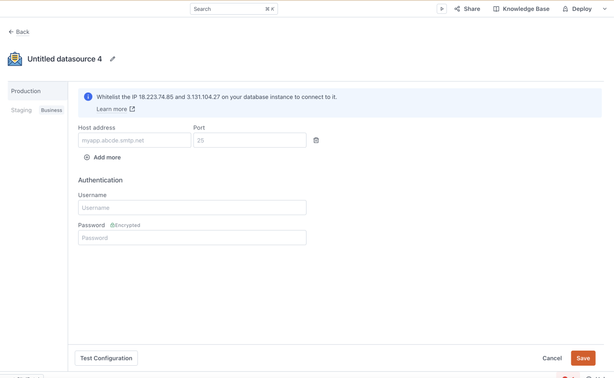 Appsmith SMTP Data source configuration page