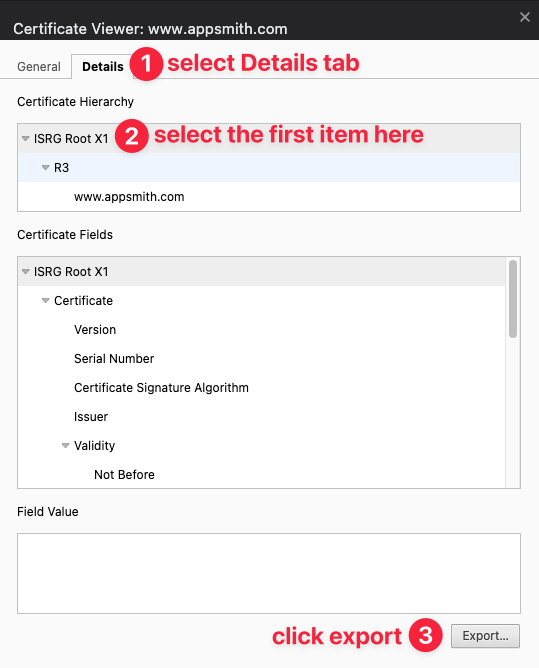 Select the root CA and export