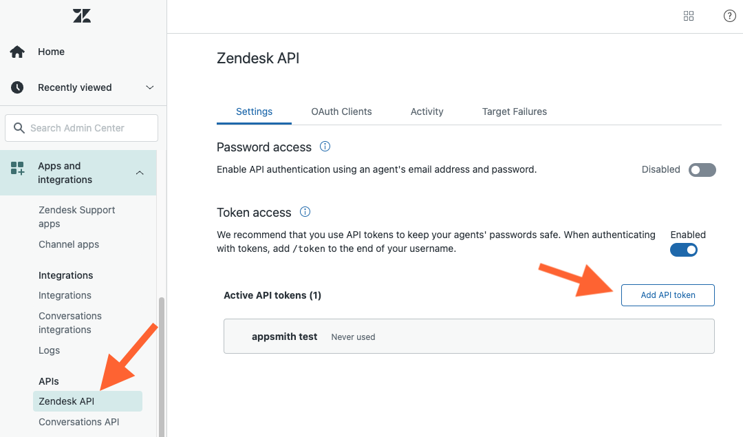zendesk: create API token