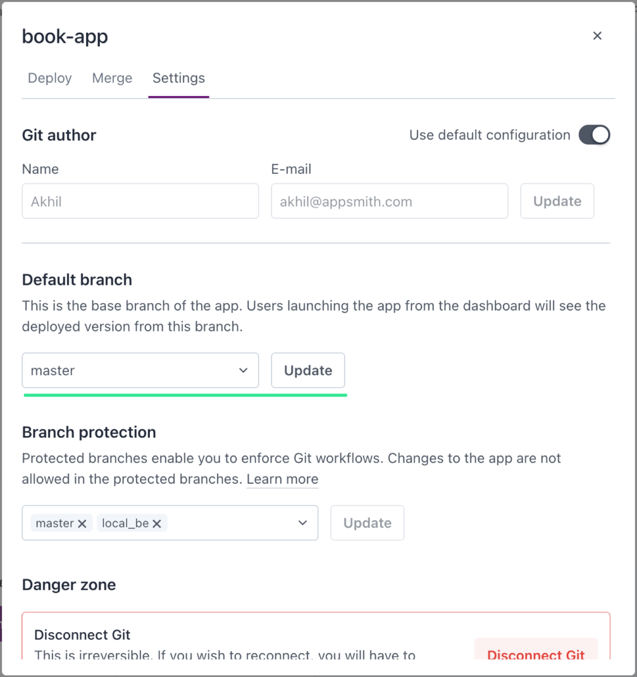 Default branch option in Git settings - Appsmith