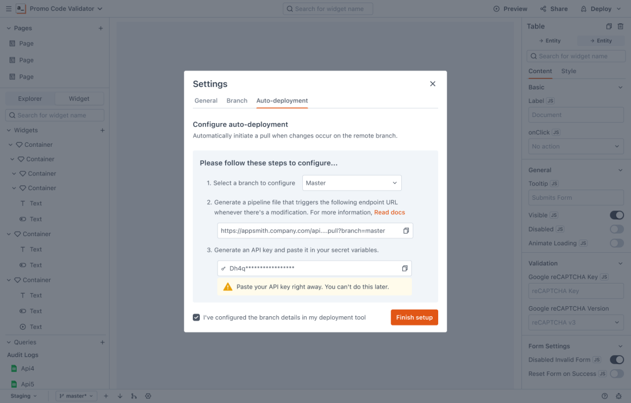 Appsmith auto-deployment settings