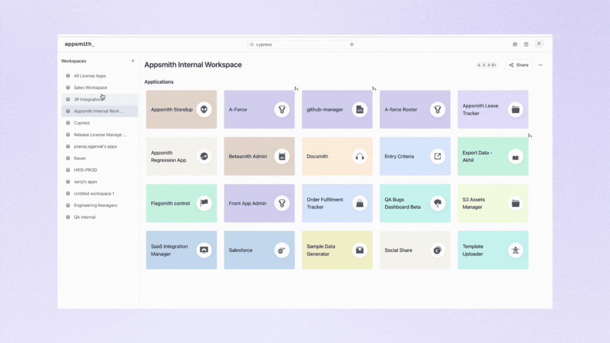 A GIF with lilac background and a recording of the new homepage for workspaces in Appsmith. 